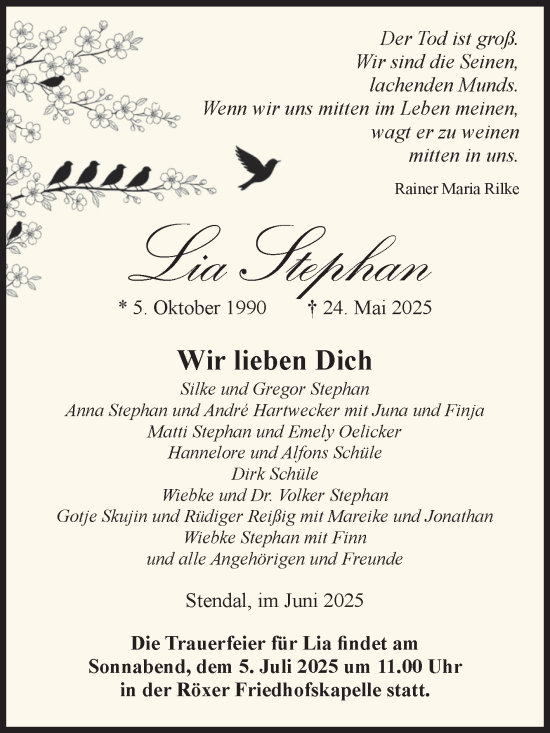 Traueranzeige von Lia Stephan von Volksstimme Altmark Ost