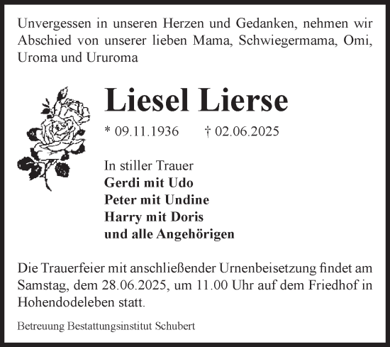 Traueranzeige von Liesel Lierse von Volksstimme Oschersleben/Wanzleben