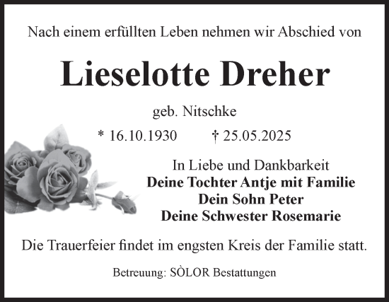 Traueranzeige von Lieselotte Dreher von Volksstimme Magdeburg
