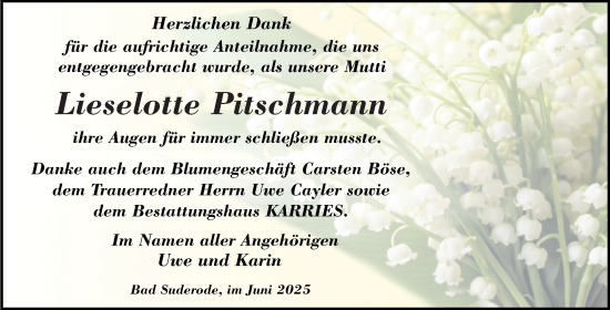 Traueranzeige von Lieselotte Pitschmann von Trauerkombi Quedlinburg