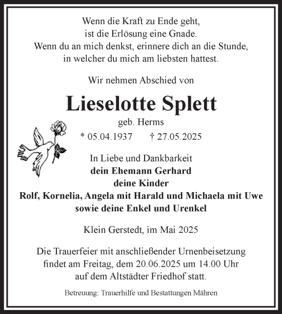 Traueranzeige von Lieselotte Splett von Volksstimme Altmark West