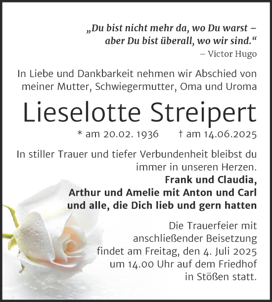 Traueranzeige von Lieselotte Streipert von Super Sonntag Naumburg/Nebra