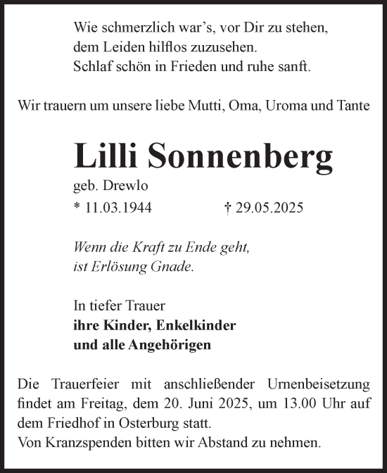 Traueranzeige von Lilli Sonnenberg von Volksstimme Altmark Ost