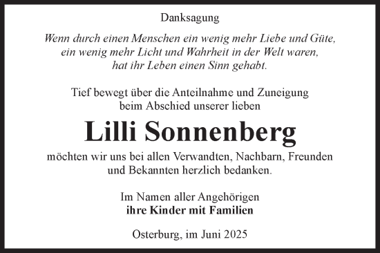 Traueranzeige von Lilli Sonnenberg von Volksstimme Altmark Ost