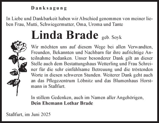 Traueranzeige von Linda Brade von Volksstimme Staßfurt