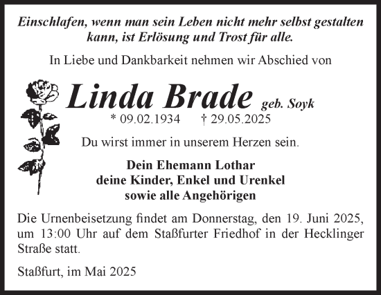 Traueranzeige von Linda Brade von Volksstimme Staßfurt