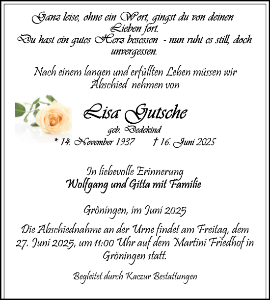 Traueranzeige von Lisa Gutsche von Volksstimme Oschersleben/Wanzleben