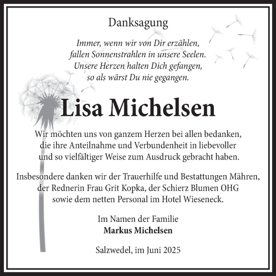 Traueranzeige von Lisa Michelsen von Volksstimme Altmark West
