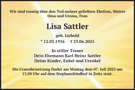Traueranzeige von Lisa Sattler von Trauerkombi Zeitz