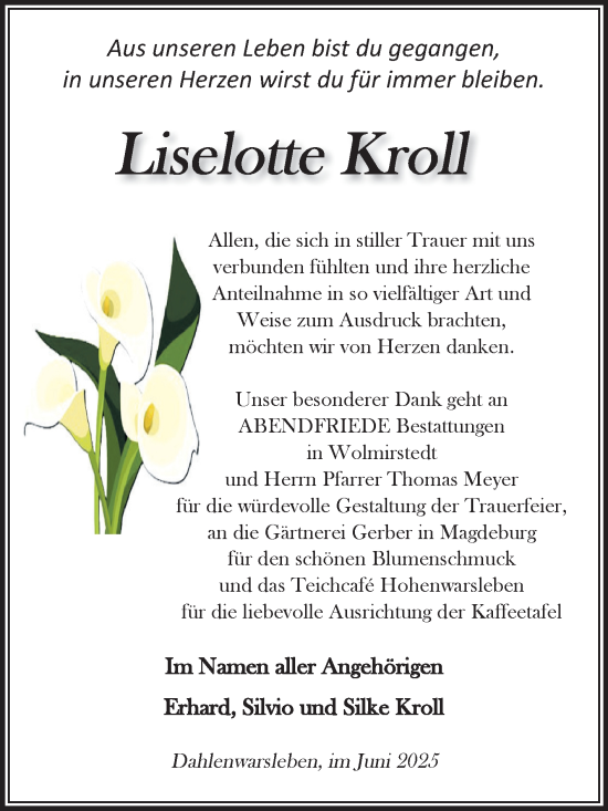 Traueranzeige von Liselotte Kroll von Volksstimme Magdeburg