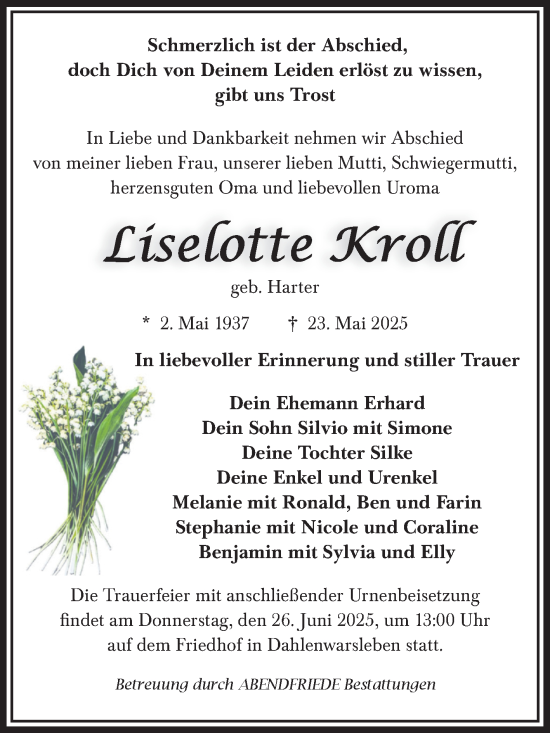 Traueranzeige von Liselotte Kroll von Volksstimme Magdeburg