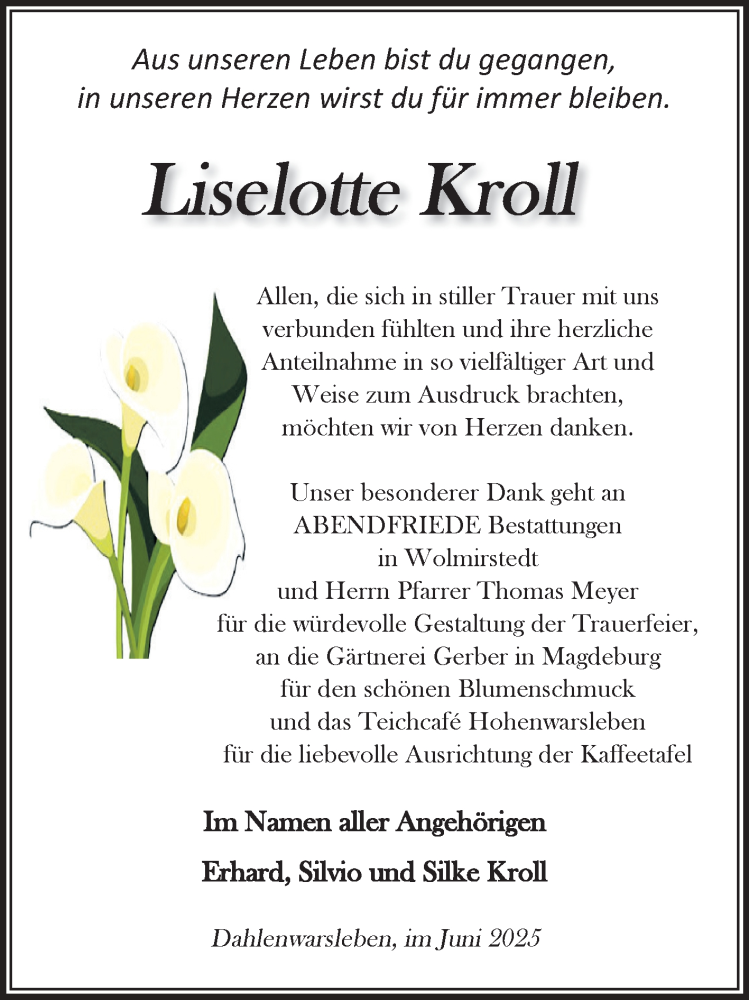  Traueranzeige für Liselotte Kroll vom 28.06.2025 aus Volksstimme Magdeburg