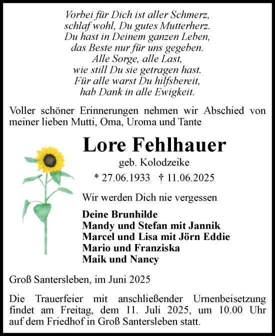 Traueranzeige von Lore Fehlhauer von Volksstimme Haldensleben/Wolmirstedt