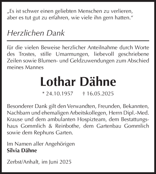Traueranzeige von Lothar Dähne von Volksstimme Zerbst