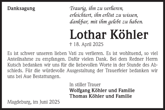 Traueranzeige von Lothar Köhler von Volksstimme Magdeburg