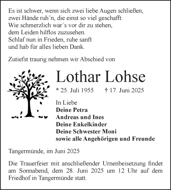 Traueranzeige von Lothar Lohse von Volksstimme Altmark Ost