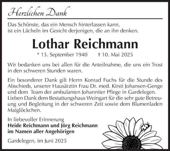 Traueranzeige von Lothar Reichmann von Volksstimme Altmark West