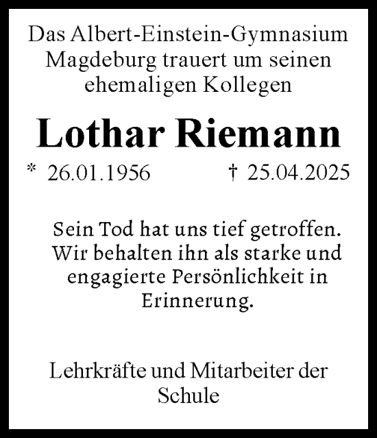Traueranzeige von Lothar Riemann von Volksstimme Magdeburg