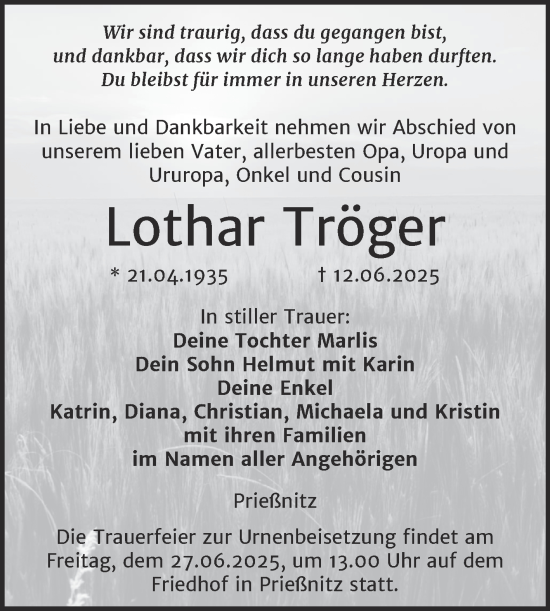 Traueranzeige von Lothar Tröger von Super Sonntag Naumburg/Nebra