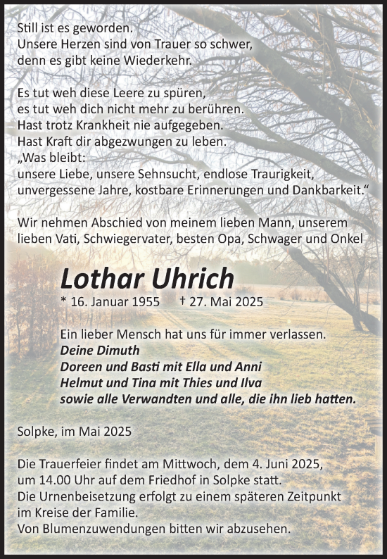 Traueranzeige von Lothar Uhrich von Volksstimme Altmark West