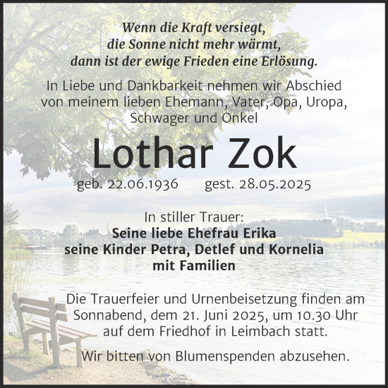 Traueranzeige von Lothar Zok von Trauerkombi Mansfelder Land