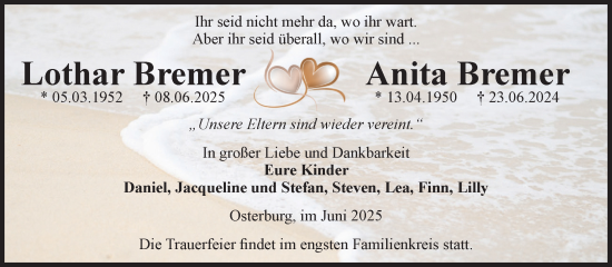 Traueranzeige von Lothar und Anita Bremer von Volksstimme Altmark Ost