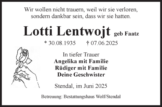 Traueranzeige von Lotti Lentwojt von Volksstimme Altmark Ost