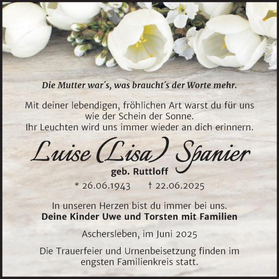 Traueranzeige von Luise Spanier von Trauerkombi Aschersleben