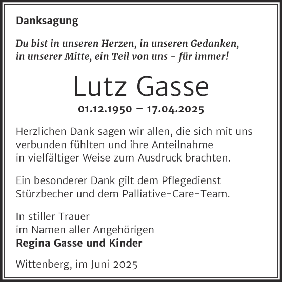 Traueranzeige von Lutz Gasse von Trauerkombi Wittenberg