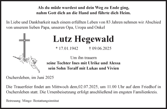 Traueranzeige von Lutz Hegewald von Volksstimme Oschersleben/Wanzleben