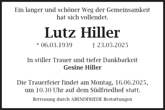 Traueranzeige von Lutz Hiller von Volksstimme Magdeburg