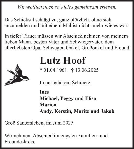Traueranzeige von Lutz Hoof von Volksstimme Haldensleben/Wolmirstedt
