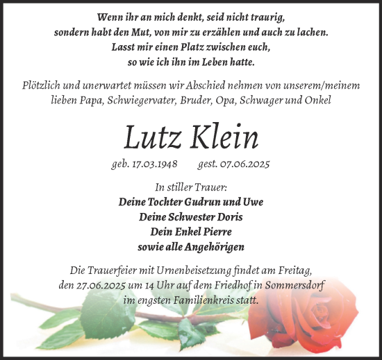 Traueranzeige von Lutz Klein von Volksstimme Oschersleben/Wanzleben