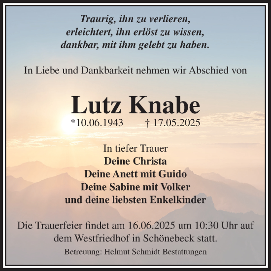 Traueranzeige von Lutz Knabe von Volksstimme Schönebeck