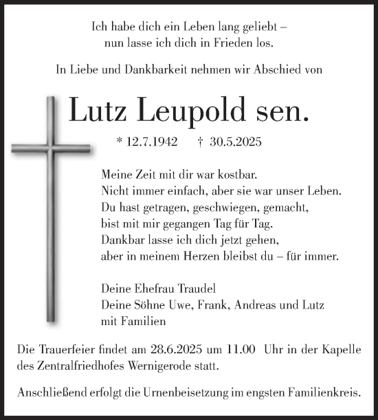 Traueranzeige von Lutz Leupold von Volksstimme Halberstadt
