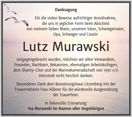 Traueranzeige von Lutz Murawski von Trauerkombi Mansfelder Land