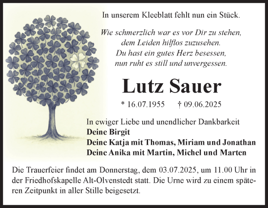 Traueranzeige von Lutz Sauer von Volksstimme Magdeburg