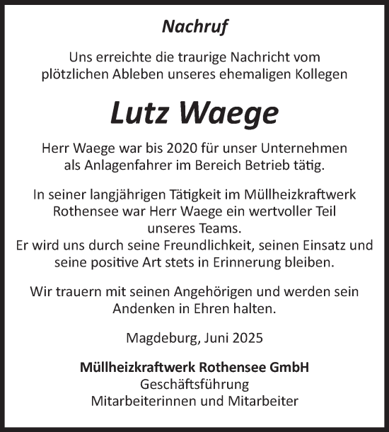 Traueranzeige von Lutz Waege 