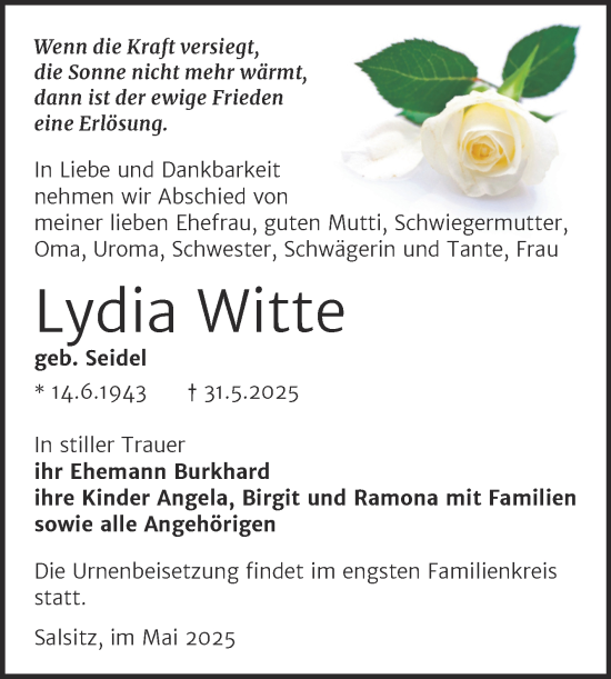 Traueranzeige von Lydia Witte von Trauerkombi Zeitz