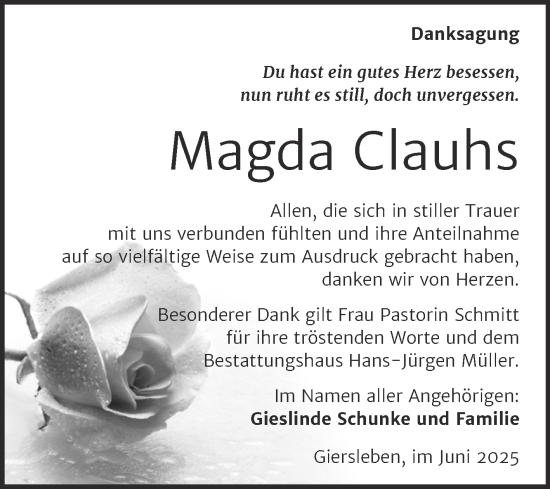Traueranzeige von Magda Clauhs von Trauerkombi Aschersleben