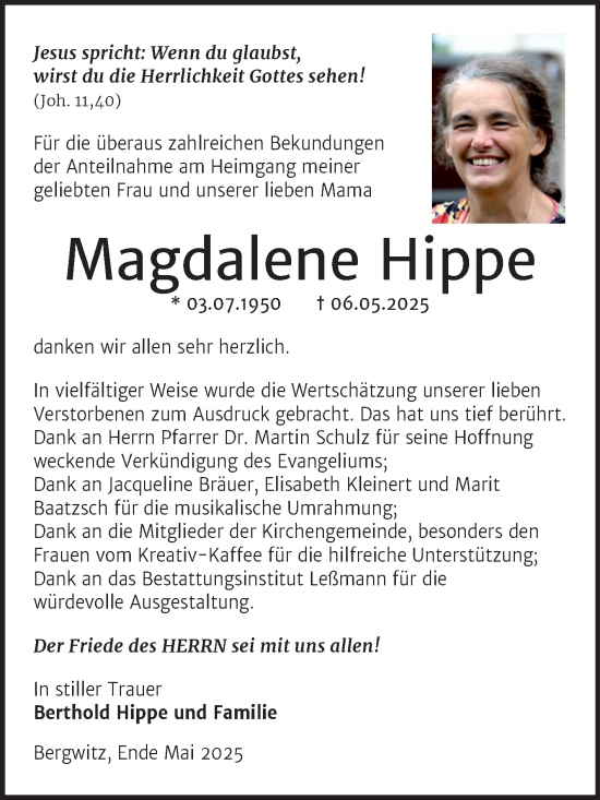 Traueranzeige von Magdalene Hippe von Trauerkombi Wittenberg