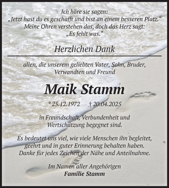 Traueranzeige von Maik Stamm von Volksstimme Wernigerode