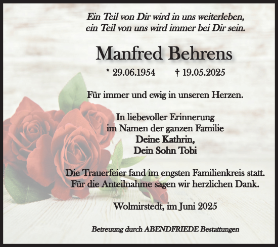 Traueranzeige von Manfred Behrens von Volksstimme Haldensleben/Wolmirstedt