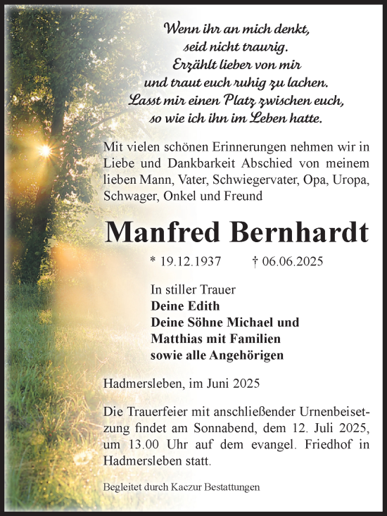 Traueranzeige von Manfred Bernhardt von Volksstimme Oschersleben/Wanzleben