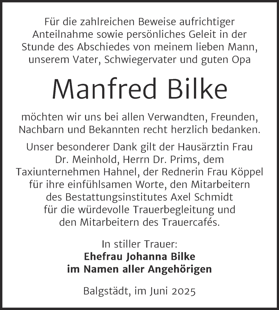  Traueranzeige für Manfred Bilke vom 28.06.2025 aus Super Sonntag Naumburg/Nebra