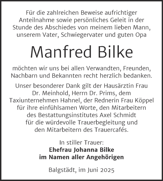Traueranzeige von Manfred Bilke von Super Sonntag Naumburg/Nebra