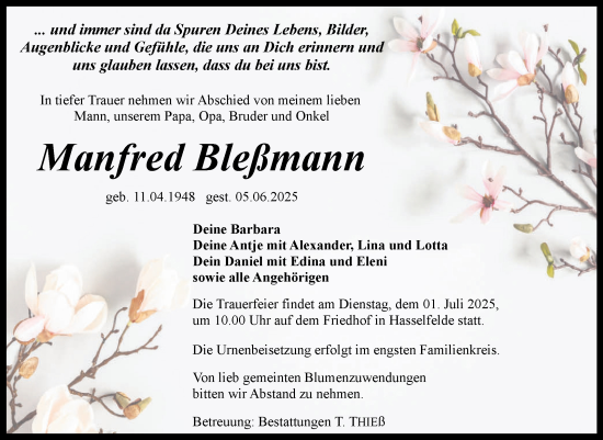 Traueranzeige von Manfred Bleßmann von Volksstimme Wernigerode