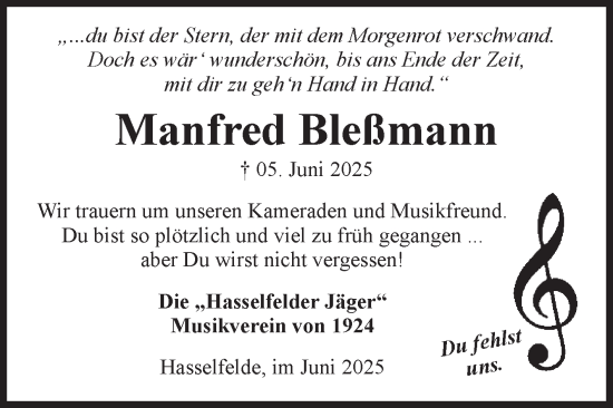 Traueranzeige von Manfred Bleßmann von Volksstimme Wernigerode