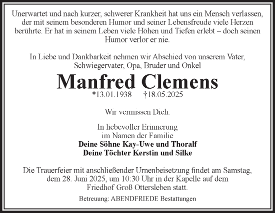 Traueranzeige von Manfred Clemens von Volksstimme Magdeburg