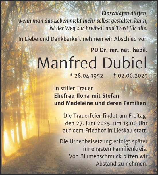 Traueranzeige von Manfred Dubiel von Mitteldeutsche Zeitung Halle/Saalkreis